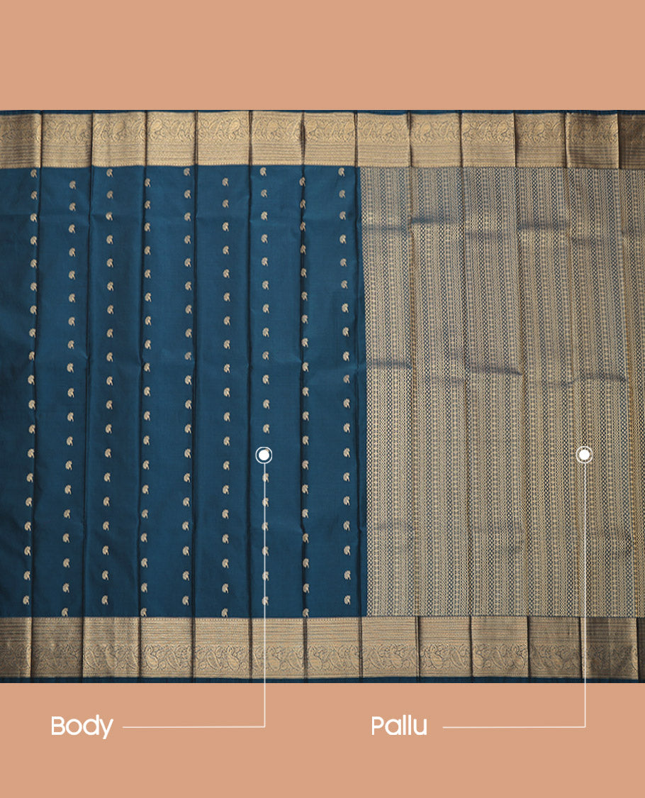 Peacock Blue Budget Silk Saree, Elevated with Zari Buttas, Highlighted by a Traditional Zari Border, Intricate Pallu, and a Matching Blouse