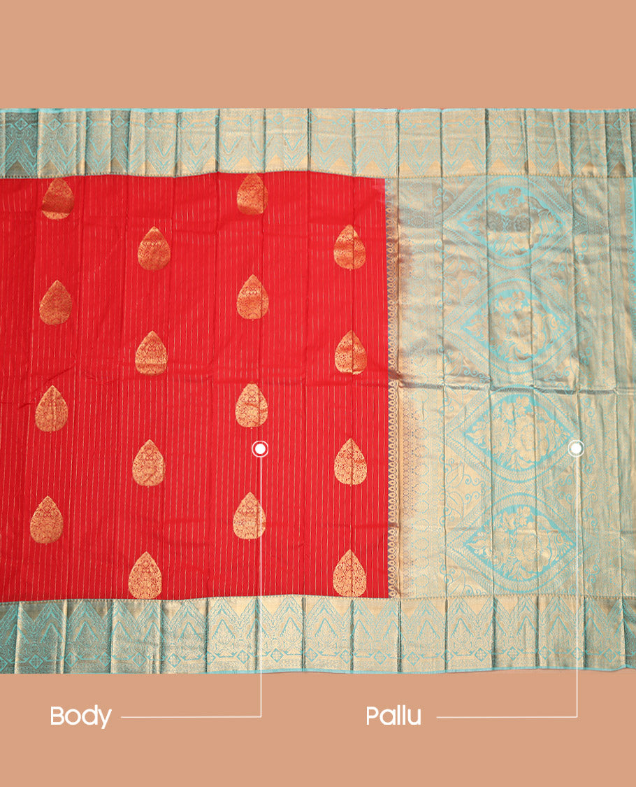 Red Budget Silk Saree, Gleamed Up with Zari Buttas and Stripes, Complemented by a Contrast Traditional Border, Grand Pallu, and a Contrast Blouse