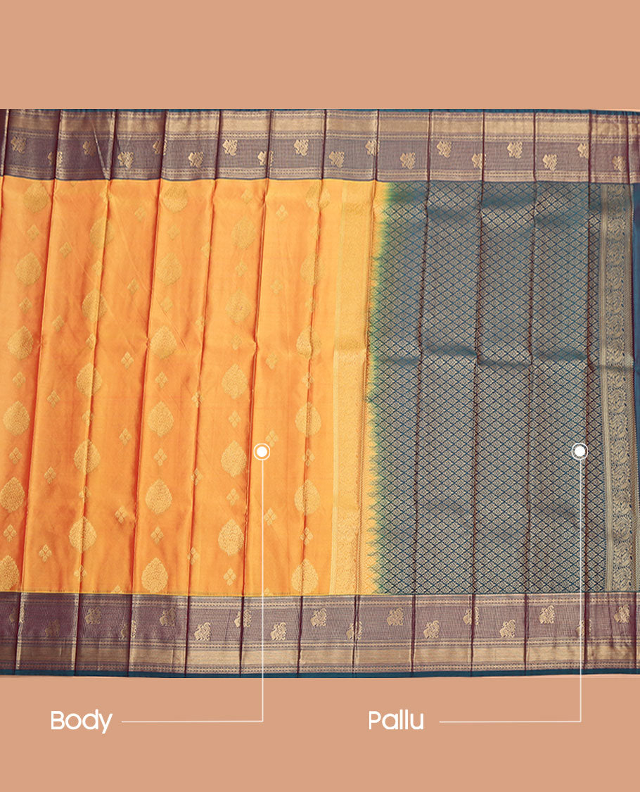 Yellow Budget Silk Saree, Enriched with Zari Buttas on Its Body, Complemented by a Contrast Traditional Zari Design Border, Pallu of Jaal Designs, and Paired with a Contrast Blouse