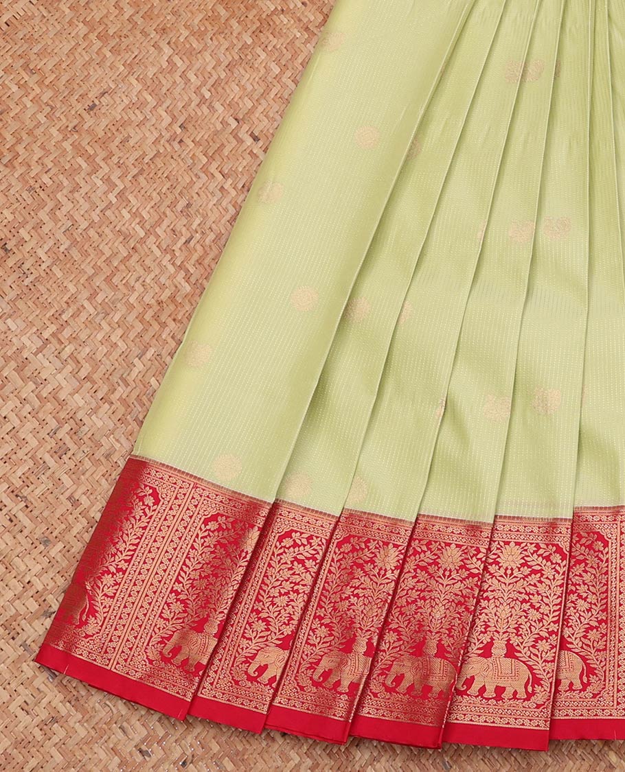 Pale Green Budget Silk Saree, Sparsely Woven with Zari Buttas and Stripes, Complemented by a Contrast Traditional Zari Border, Grand Pallu, and a Contrast Blouse