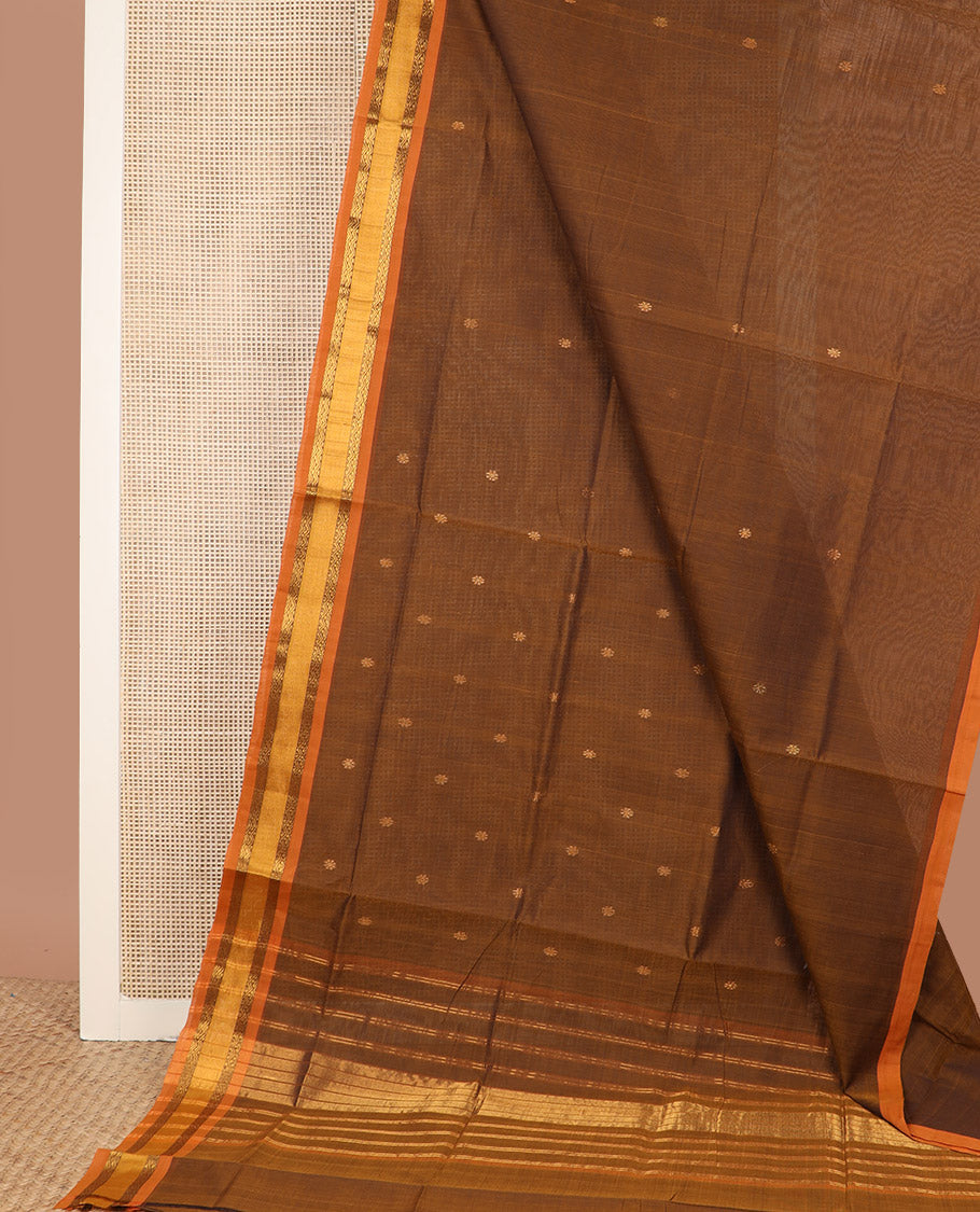 Brown zari buttas Venkatagiri cotton saree, contrast traditional zari border, and striped pallu
