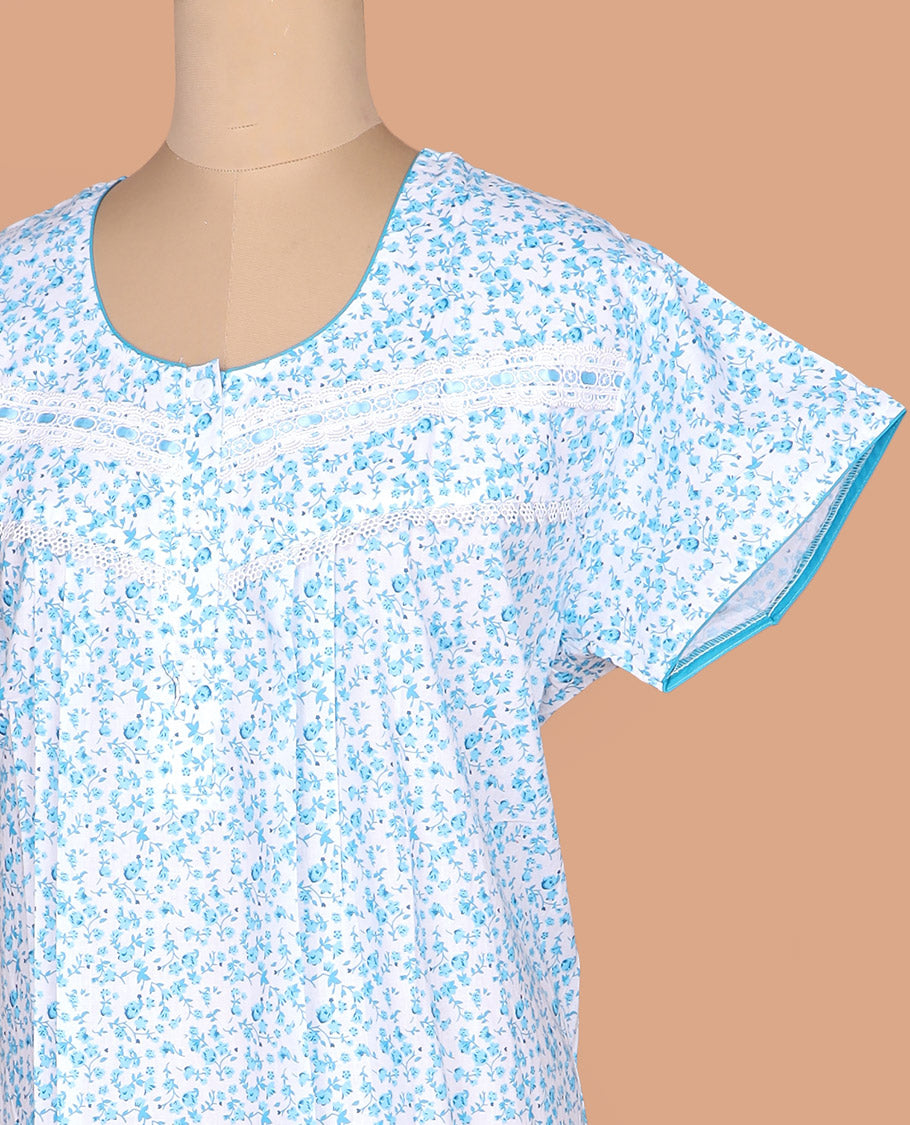White micro-floral printed lace work round necked half-sleeve cotton nighty