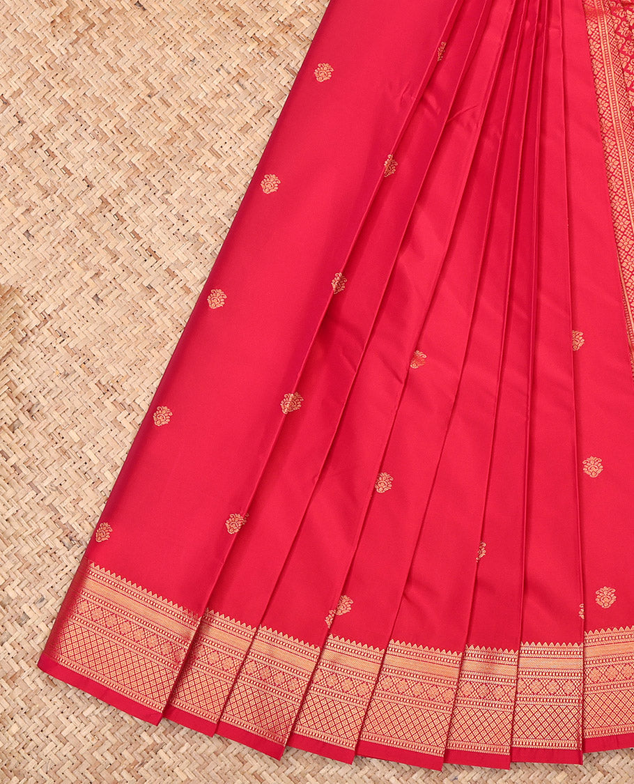 Red Budget Silk Saree, Enthralled with Zari Buttas, Highlighted by a Traditional Zari Border, Intricate Pallu, and a Matching Blouse