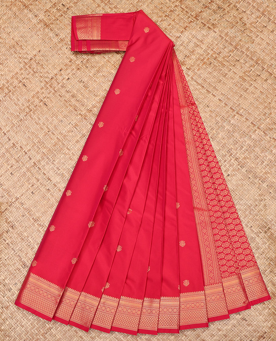 Red Budget Silk Saree, Enthralled with Zari Buttas, Highlighted by a Traditional Zari Border, Intricate Pallu, and a Matching Blouse