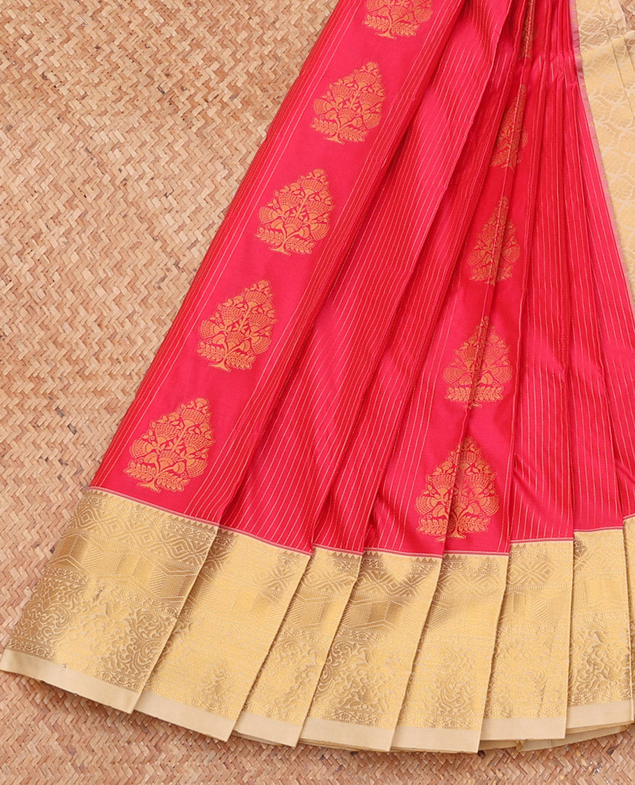 Red Budget Silk Saree, Ornamented with Zari Buttas and Stripes, Complemented by a Contrast Traditional Zari Border, Grand Pallu, and a Contrast Blouse