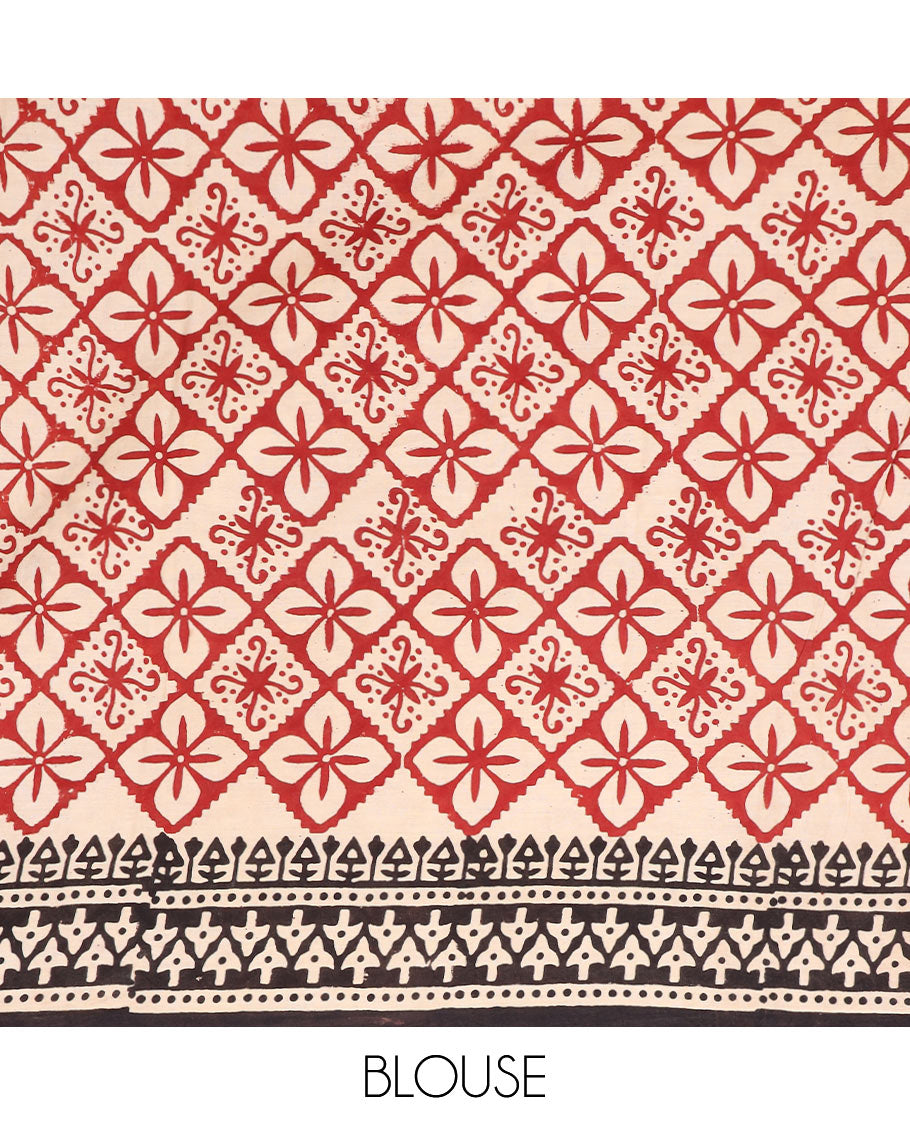 Sandal camel motifs printed mul mul cotton saree, geometric printed block border & pallu of floral & geometric block print