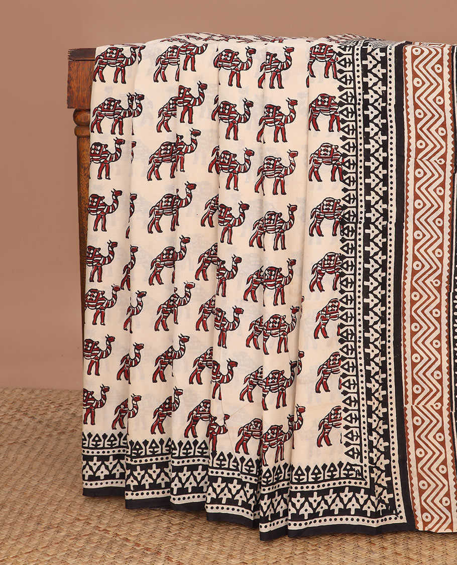 Sandal camel motifs printed mul mul cotton saree, geometric printed block border & pallu of floral & geometric block print