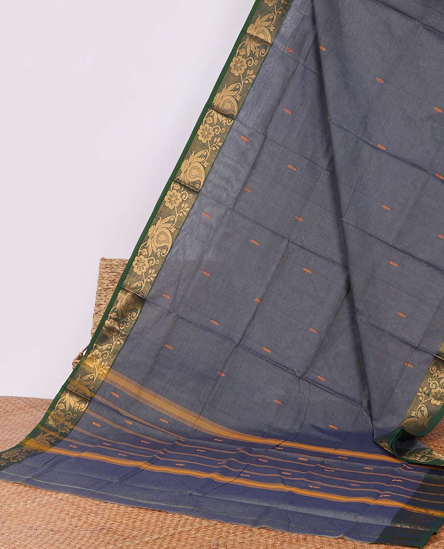 Grey buttas Chettinad cotton saree, contrast paisley design border & pallu of stripes