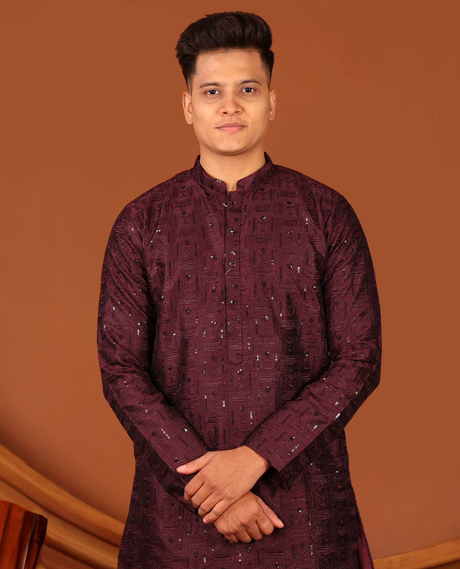 Wine Sequins and Thread Embroidered Full-Sleeved Men's Kurta