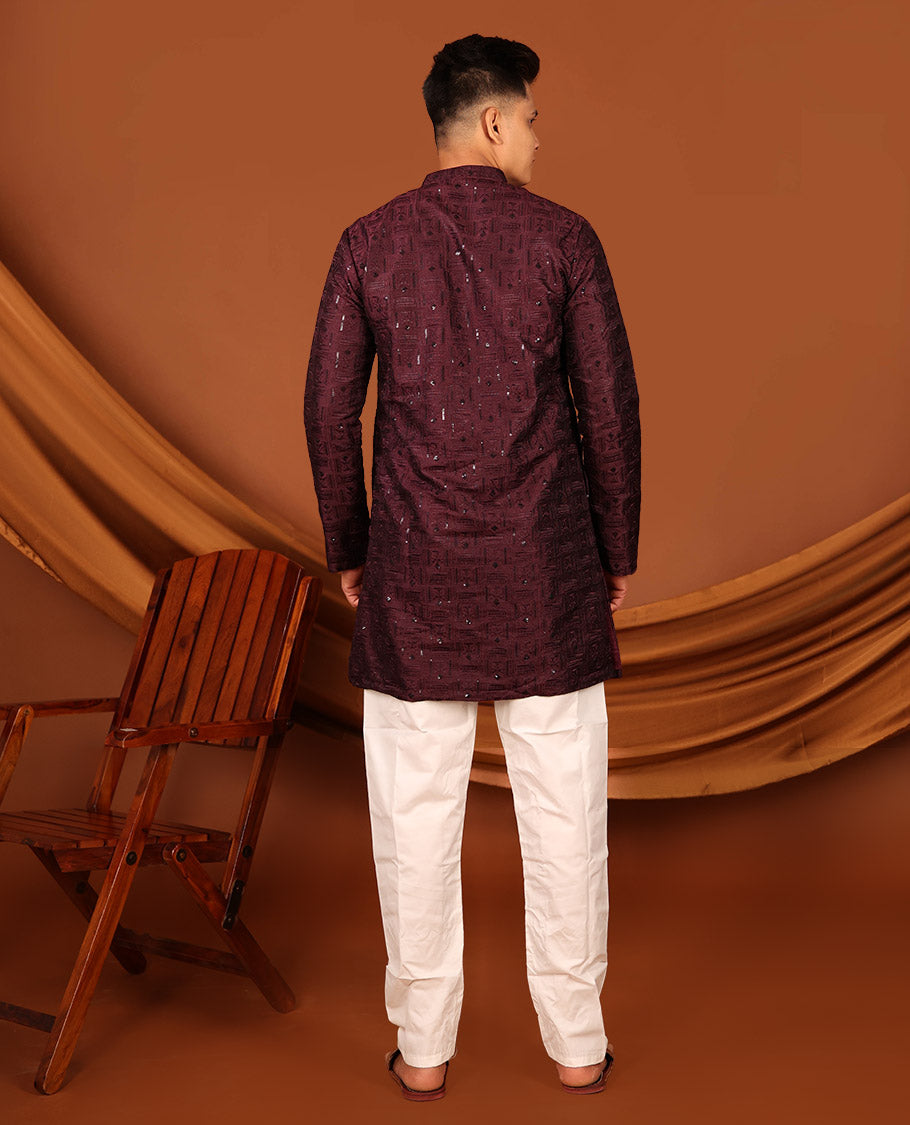 Wine Sequins and Thread Embroidered Full-Sleeved Men's Kurta