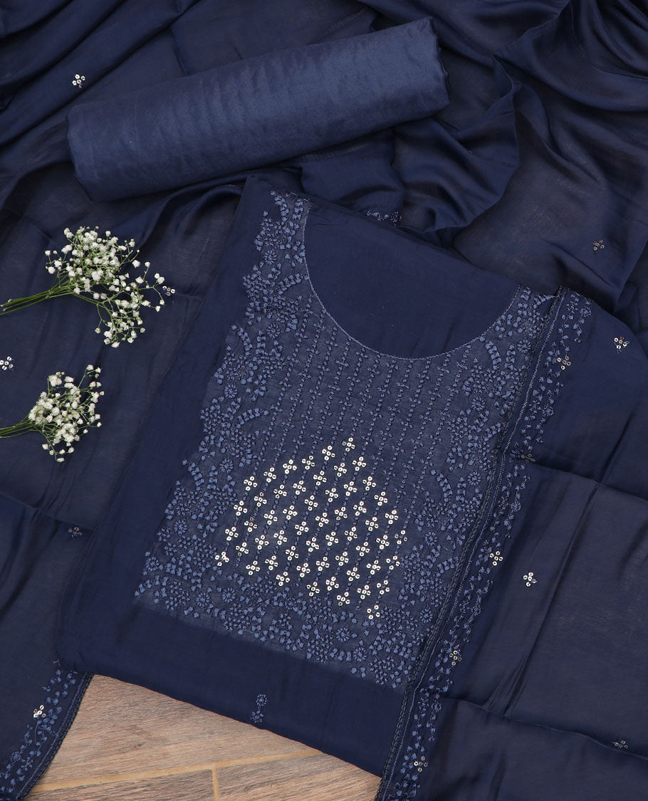 Blue material chudidar set, sequins and thread neck embroidered top, plain bottom, and sequins and thread embroidered dupatta