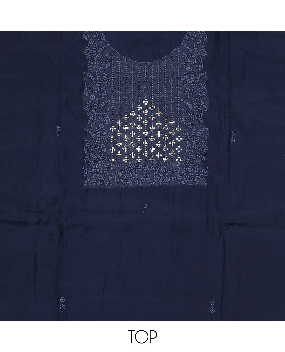 Blue material chudidar set, sequins and thread neck embroidered top, plain bottom, and sequins and thread embroidered dupatta