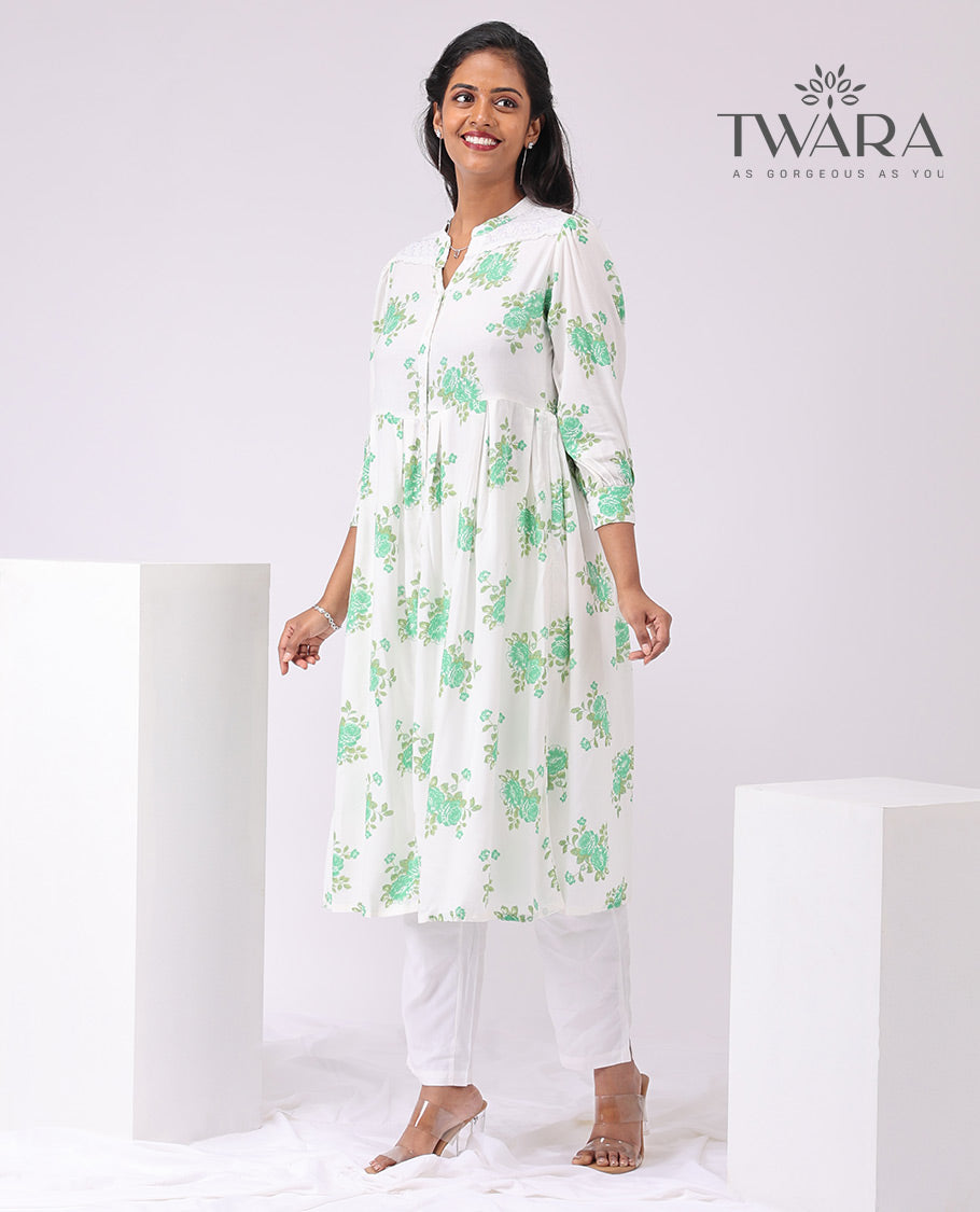 Twara white floral printed 3/4 th sleeve , knee lenght , button down kurti