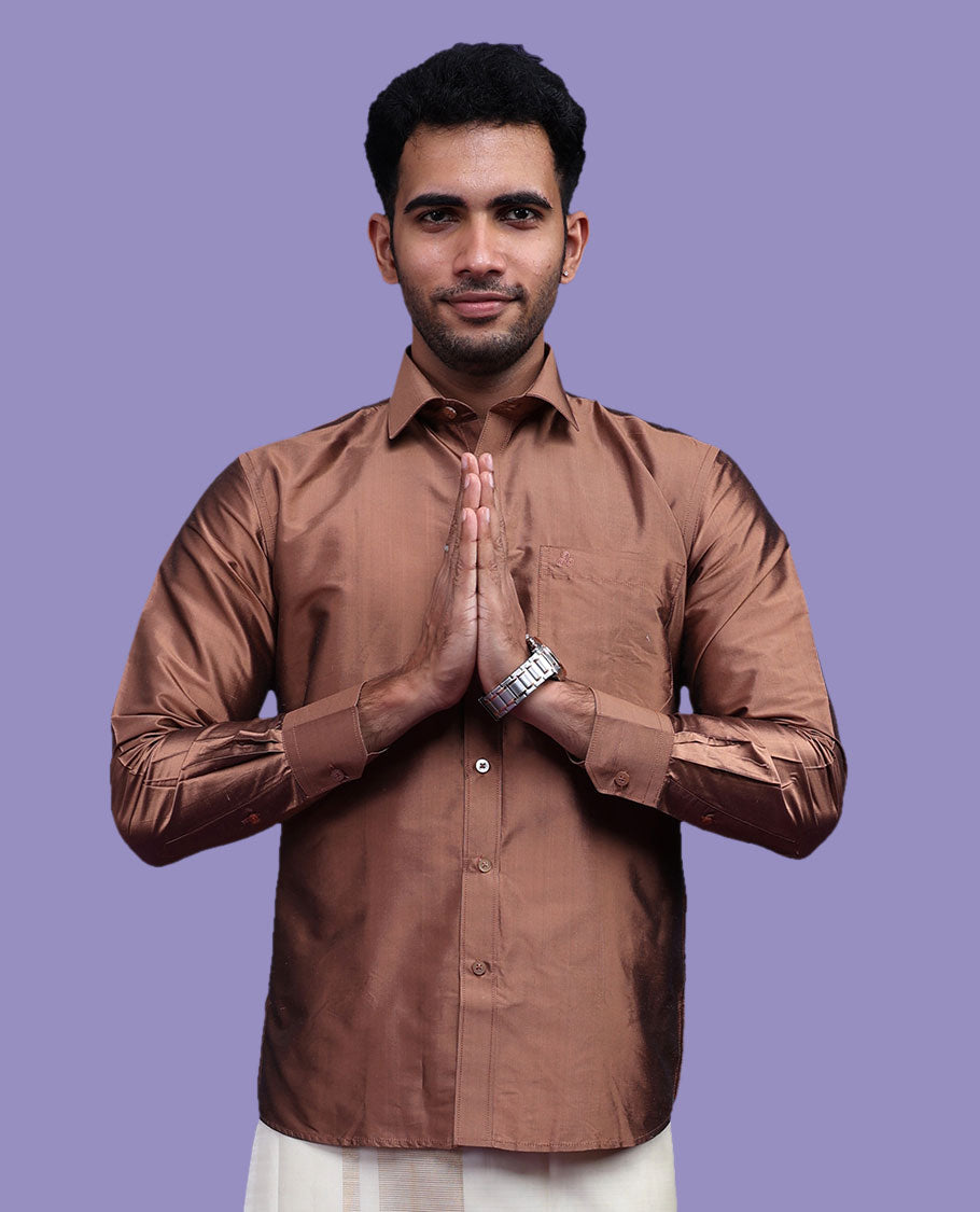 Brown plain design full-sleeve pure-silk shirt