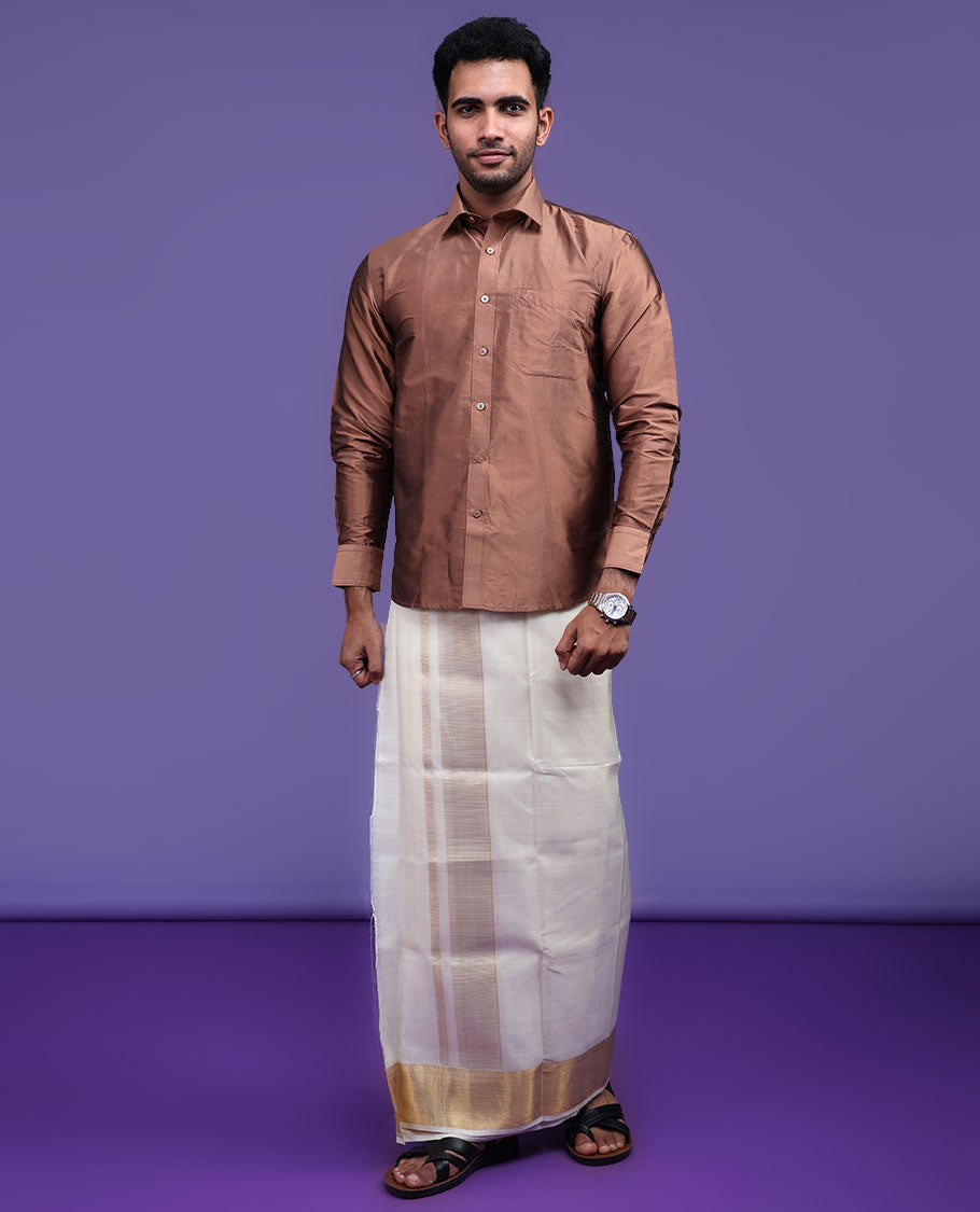 Brown plain design full-sleeve pure-silk shirt