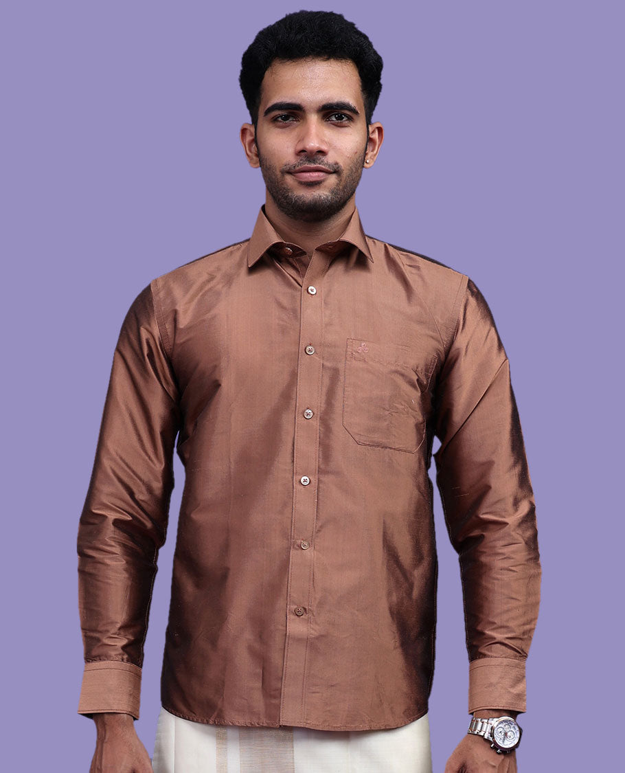 Brown plain design full-sleeve pure-silk shirt
