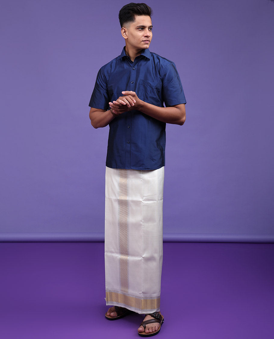 Berry blue plain design half-sleeve pure-silk material shirt