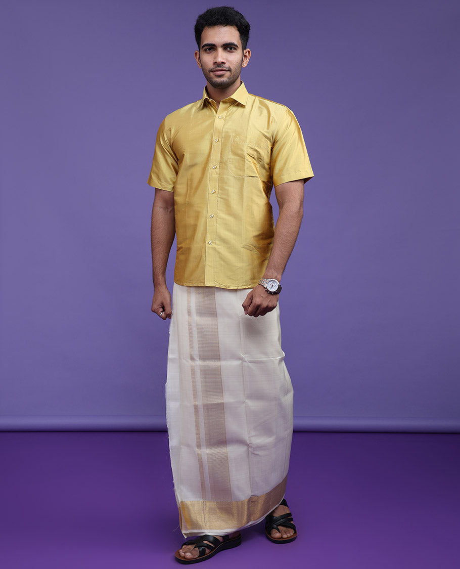 Sparkling gold plain design half-sleeve pure-silk material shirt