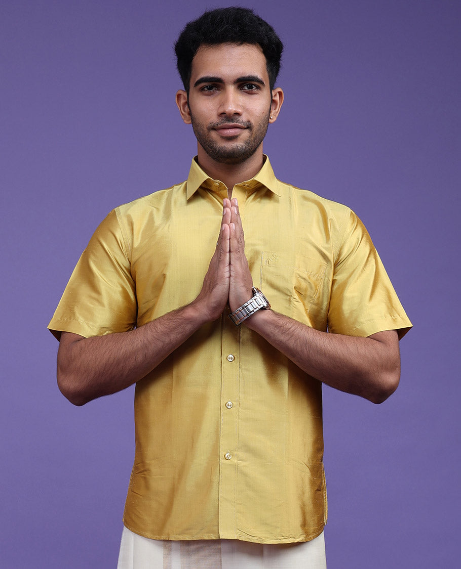 Sparkling gold plain design half-sleeve pure-silk material shirt