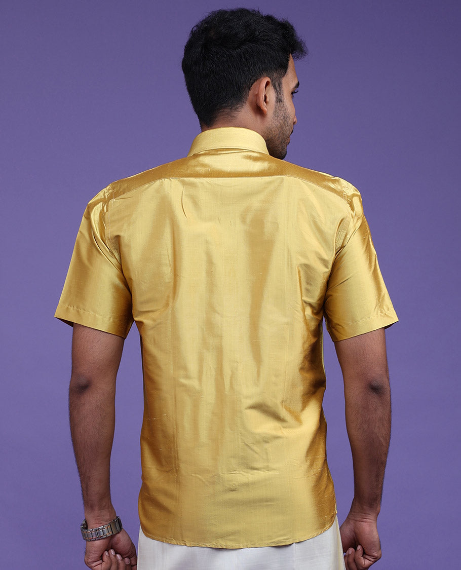 Sparkling gold plain design half-sleeve pure-silk material shirt