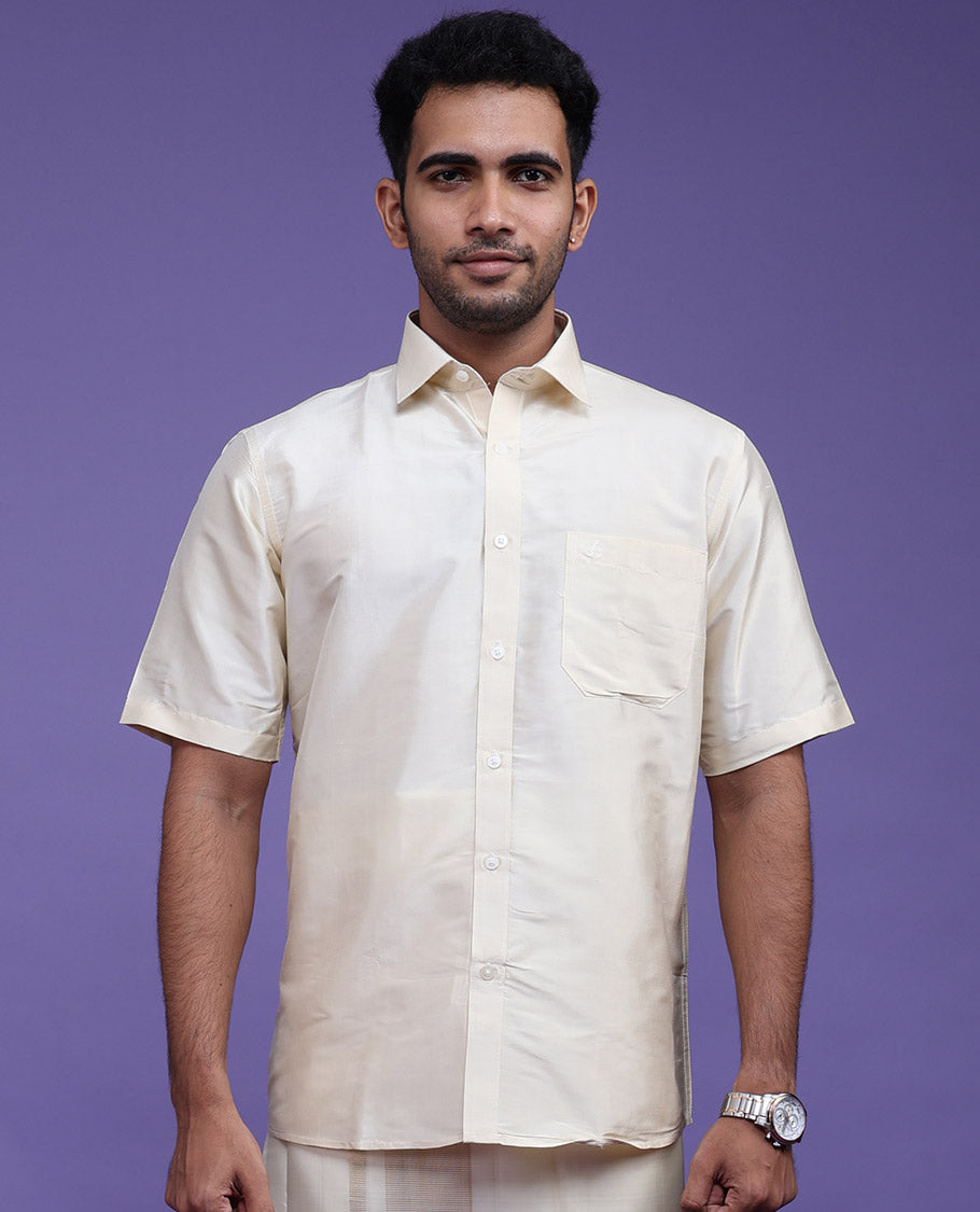 Light sandal plain design half-sleeve pure-silk shirt