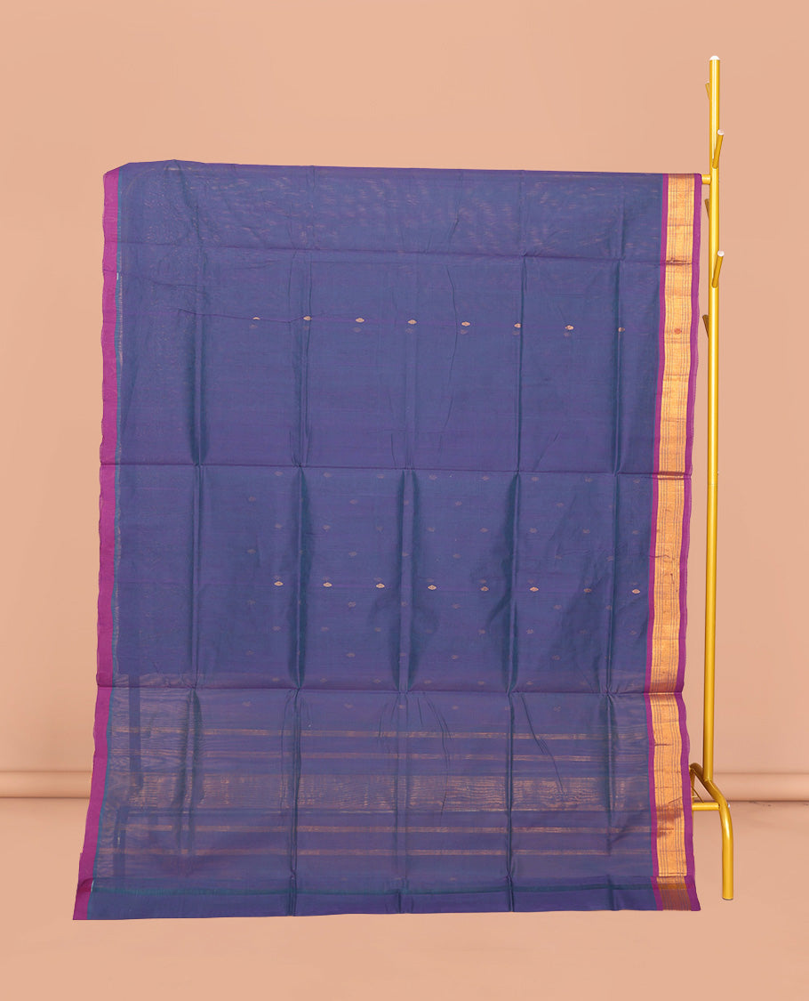 Blue Venkatagiri Cotton Saree Bedecked with Buttas, a Contrast Zari-Thread Border, Pallu of Stripes, and No Blouse