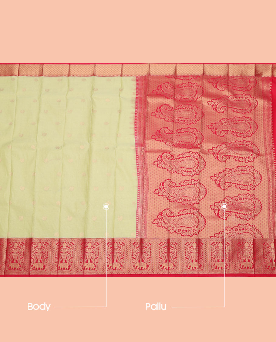 Pale Green Budget Silk Saree, Sparsely Woven with Zari Buttas and Stripes, Complemented by a Contrast Traditional Zari Border, Grand Pallu, and a Contrast Blouse