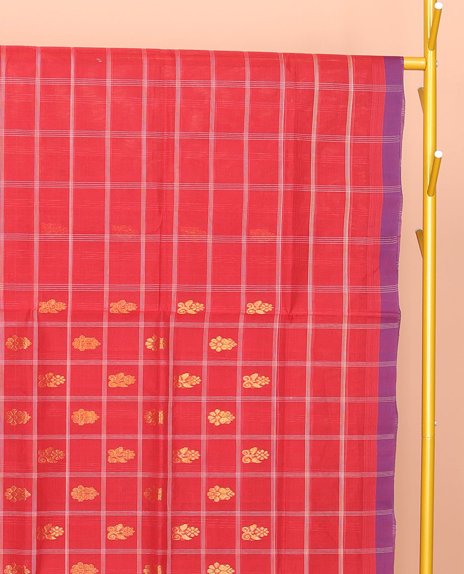 Red Venkatagiri Cotton Saree Decked up with Buttas, a Contrast Zari-Thread Border, Pallu of Stripes, and No Blouse
