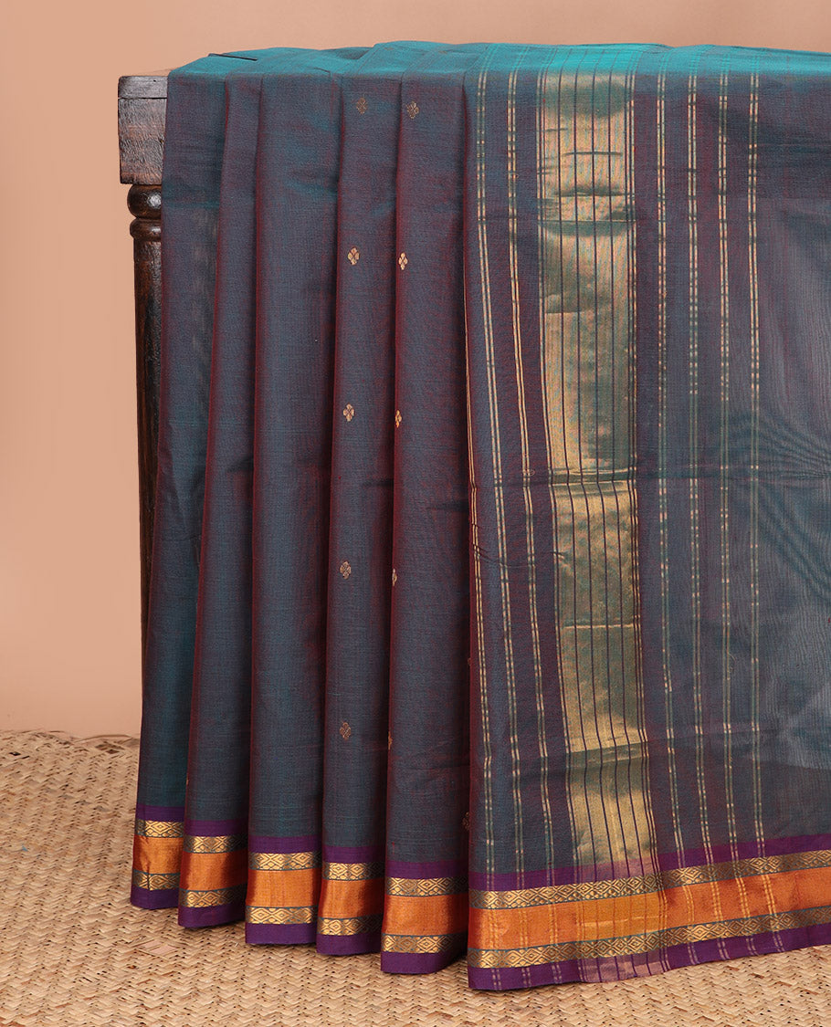 Blue zari buttas Venkatagiri cotton saree, contrast traditional zari border, and striped pallu