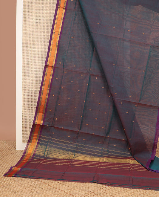 Blue zari buttas Venkatagiri cotton saree, contrast traditional zari border, and striped pallu