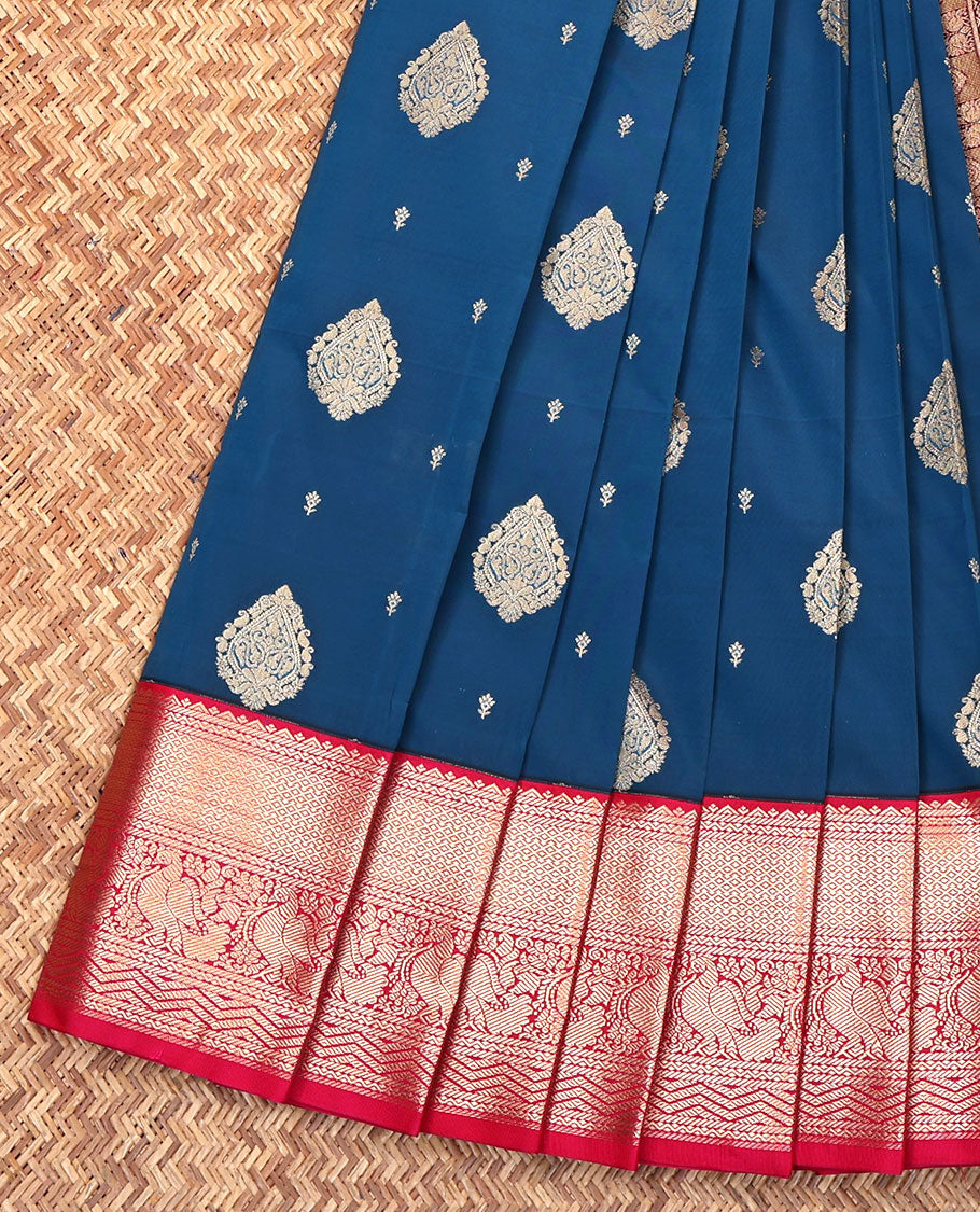 Blue Budget Silk Saree, Gleamed Up with Zari Buttas on Its Body, Complemented by a Contrast Traditional Zari Design Border, Pallu of Intricate Designs, and Paired with a Contrast Blouse
