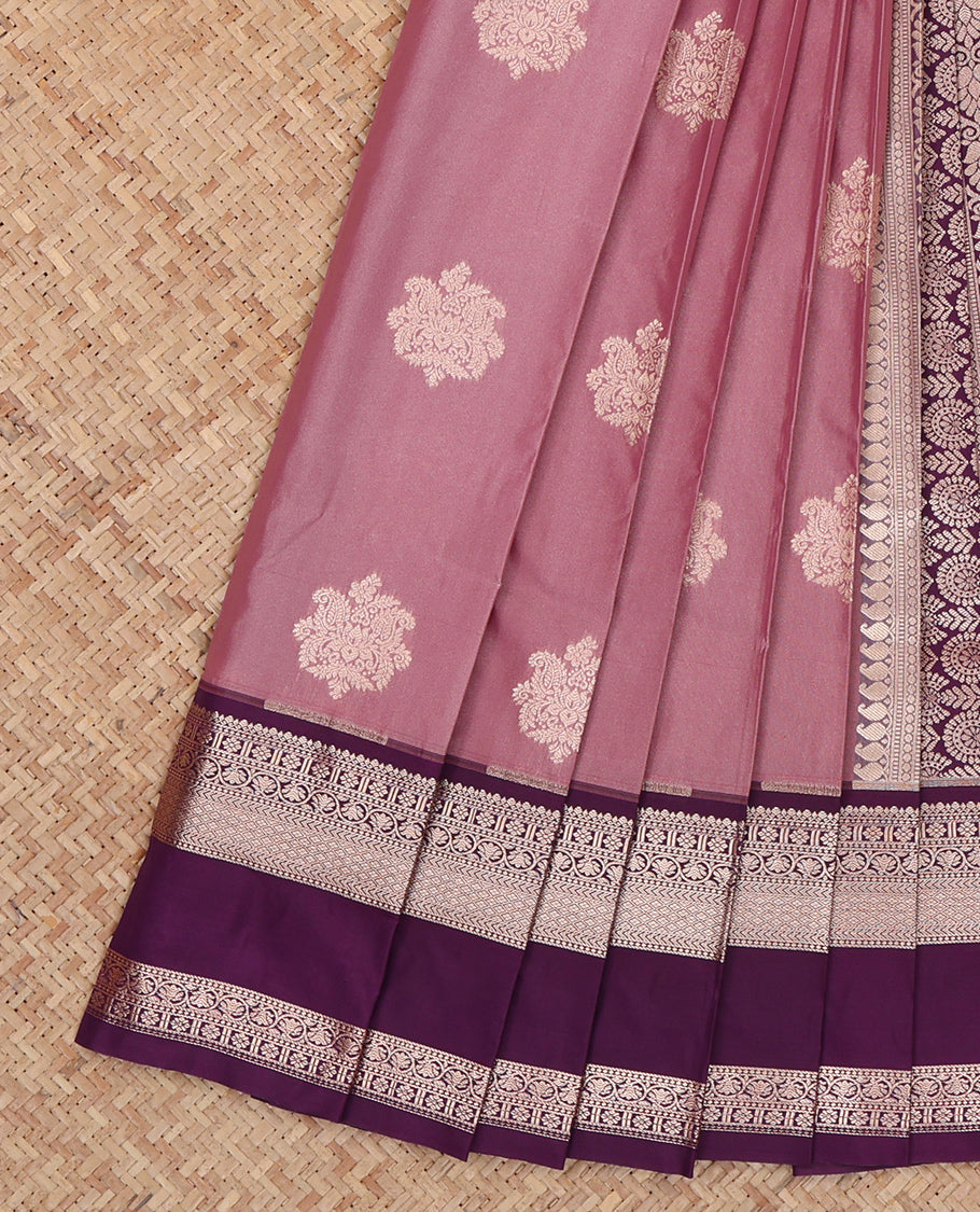 Pink Budget Silk Saree, Decked Up with Buttas, Complemented by a Contrast Traditional Zari Rettai Pettu Border, Grand Pallu, and a Contrast Blouse