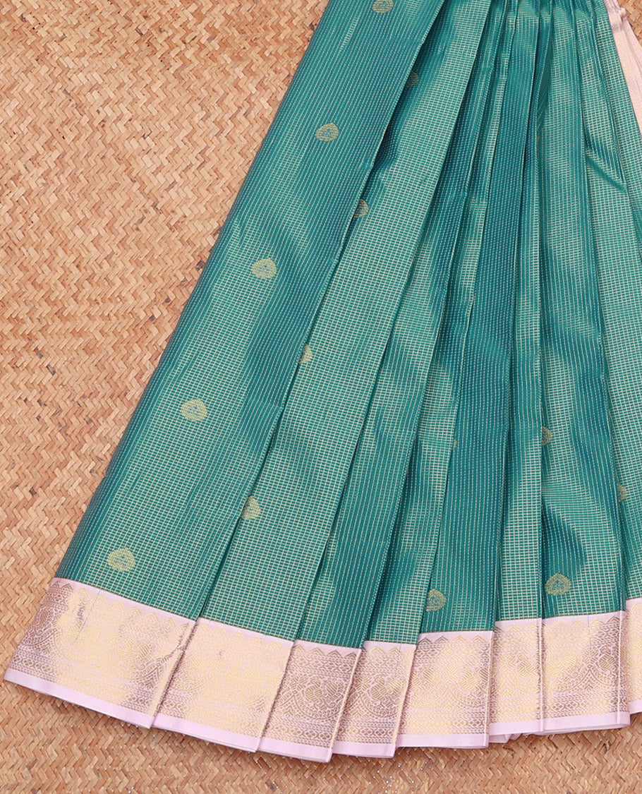 Green Budget Silk Saree, Enriched with Zari Buttas and Checks, Complemented by a Contrast Traditional Zari Border, Geometric Pallu, and a Contrast Blouse