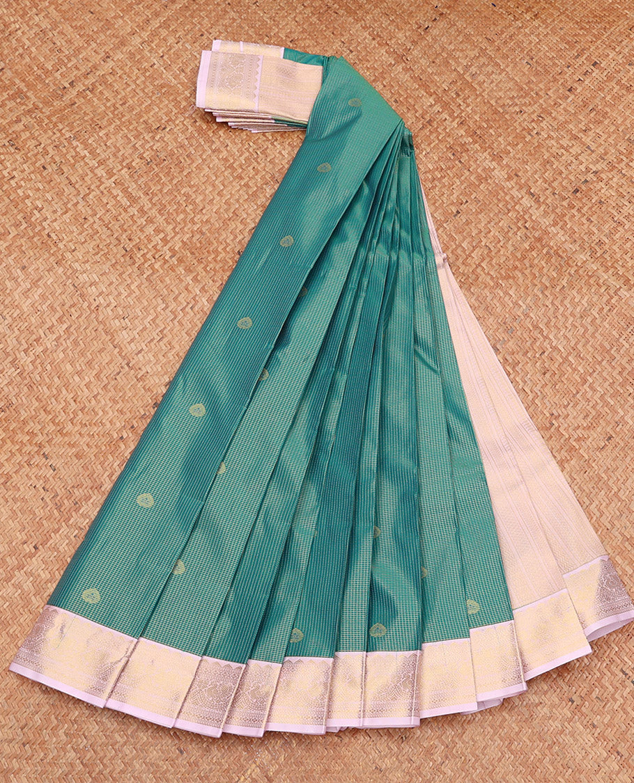 Green Budget Silk Saree, Enriched with Zari Buttas and Checks, Complemented by a Contrast Traditional Zari Border, Geometric Pallu, and a Contrast Blouse