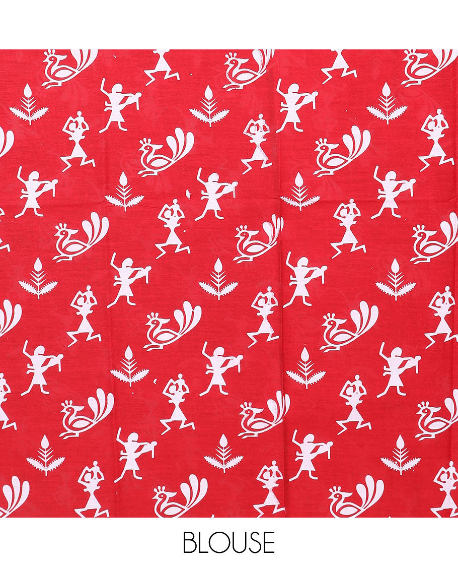 White warli motifs printed mul mul cotton saree, contrast geometric printed border & pallu of warli human motif print
