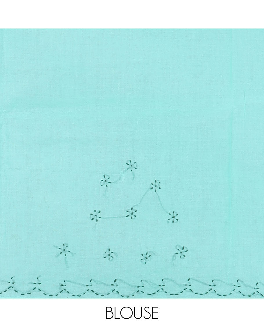 Turquoise blue floral motifs thread embroidered Lucknowi chikankari saree, scallop thread border, & floral-paisley embroidered pallu