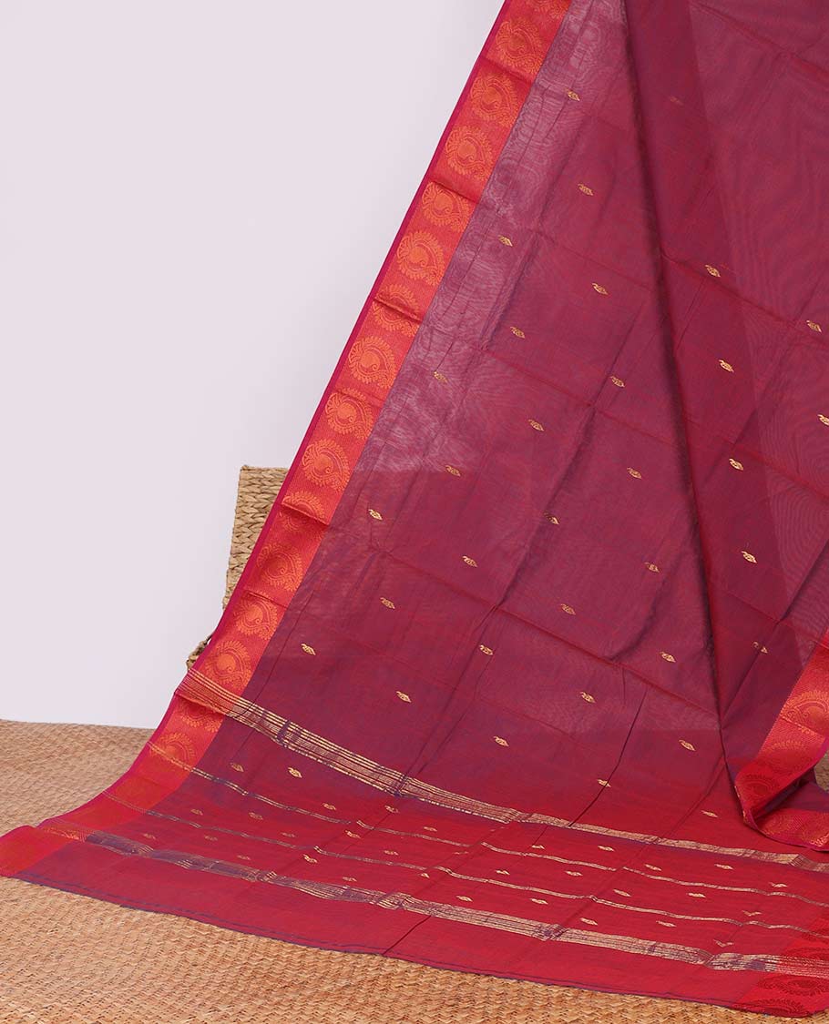 Red buttas Chettinad cotton saree, contrast border of paisleys & striped pallu