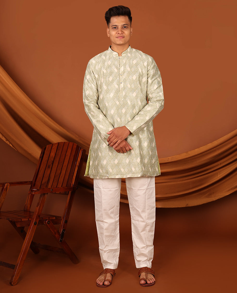 Green Jaal Pattern Textured Full-Sleeved Men's Kurta