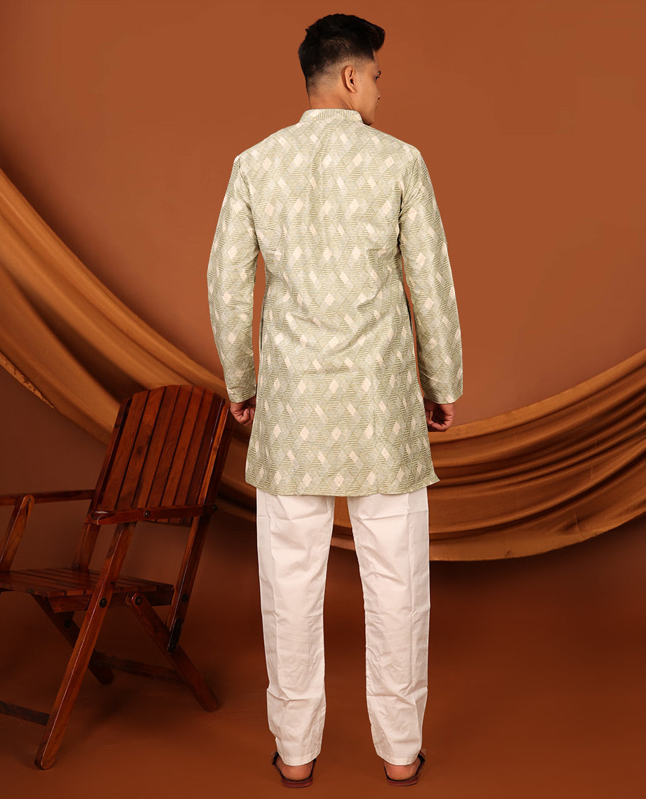 Green Jaal Pattern Textured Full-Sleeved Men's Kurta