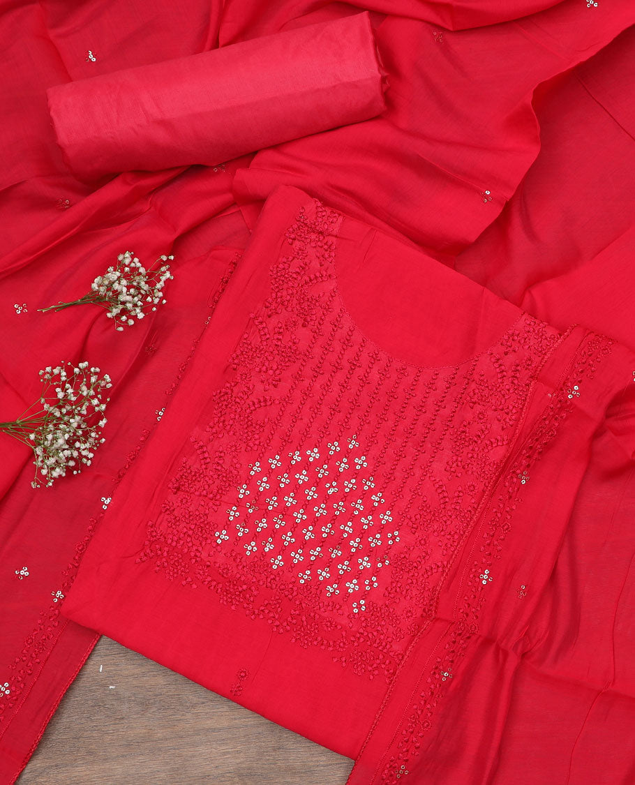 Pink material chudidar set, sequins and thread neck embroidered top, plain bottom, and sequins and thread embroidered dupatta