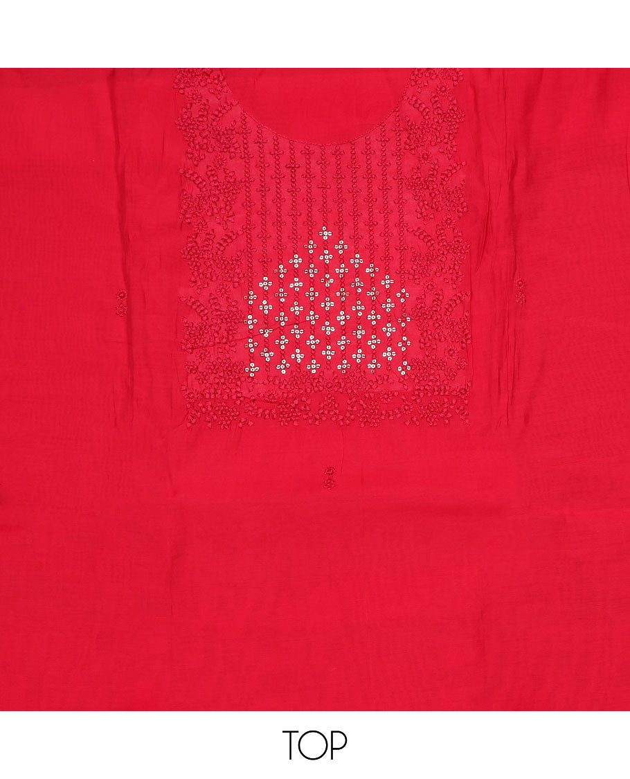 Pink material chudidar set, sequins and thread neck embroidered top, plain bottom, and sequins and thread embroidered dupatta