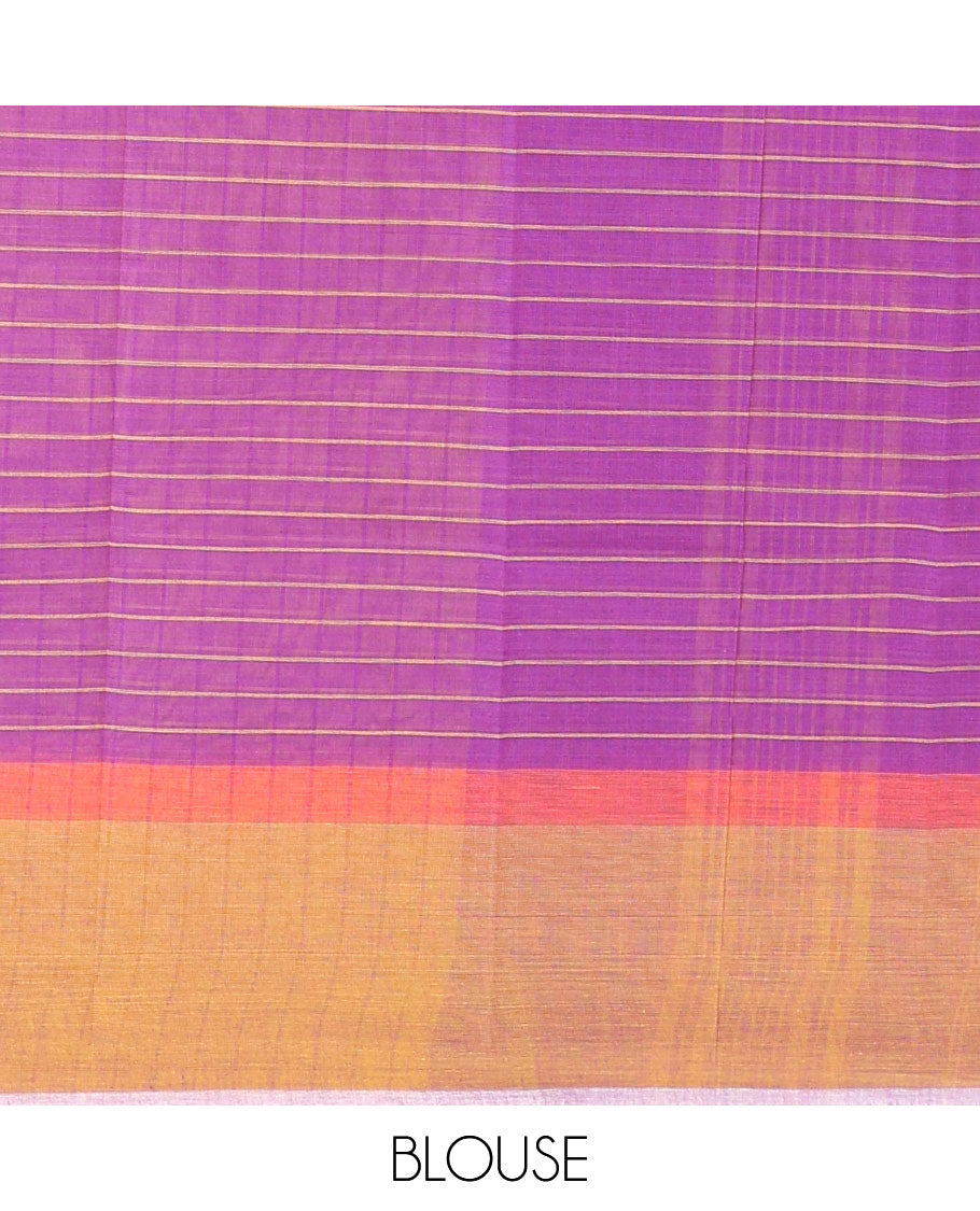 Orange checked chirala cotton saree, contrast striped border & striped pallu