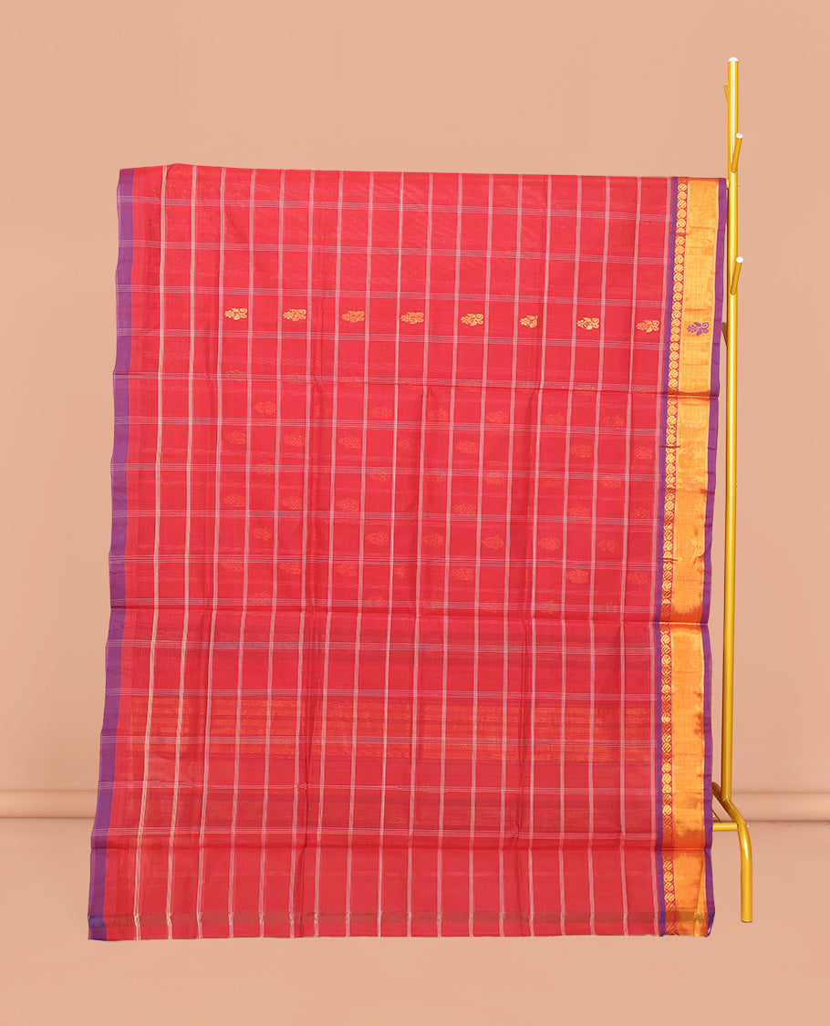 Red Venkatagiri Cotton Saree Decked up with Buttas, a Contrast Zari-Thread Border, Pallu of Stripes, and No Blouse
