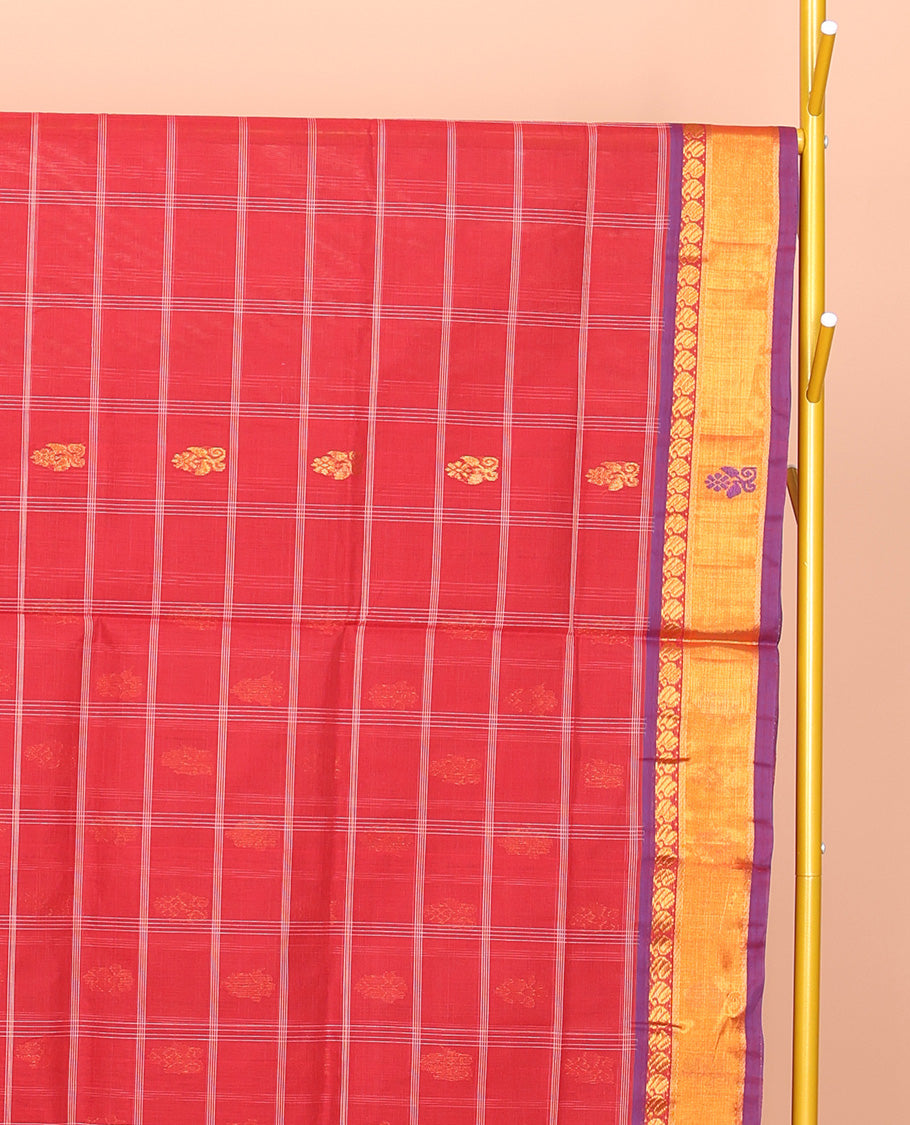Red Venkatagiri Cotton Saree Decked up with Buttas, a Contrast Zari-Thread Border, Pallu of Stripes, and No Blouse