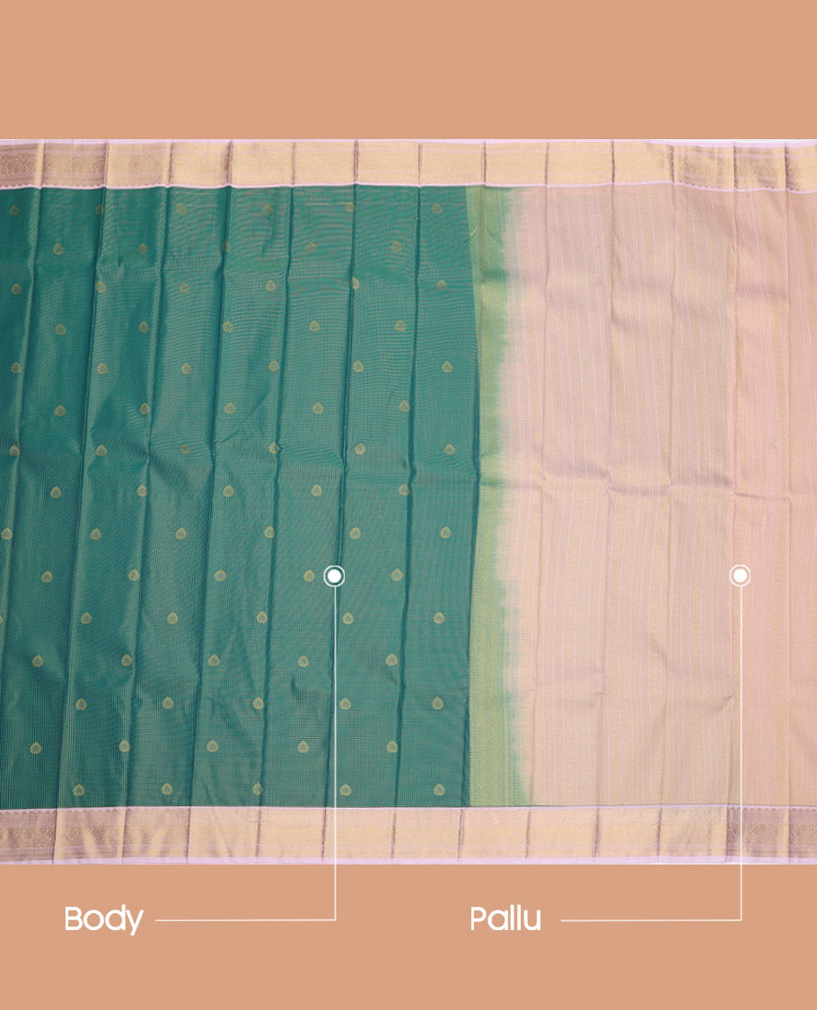 Green Budget Silk Saree, Enriched with Zari Buttas and Checks, Complemented by a Contrast Traditional Zari Border, Geometric Pallu, and a Contrast Blouse