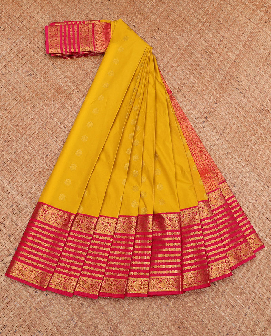 Yellow Budget Silk Saree, Sparsely Woven with Zari Buttas, Complemented by a Contrast Traditional Zari Border, Grand Pallu, and a Contrast Blouse