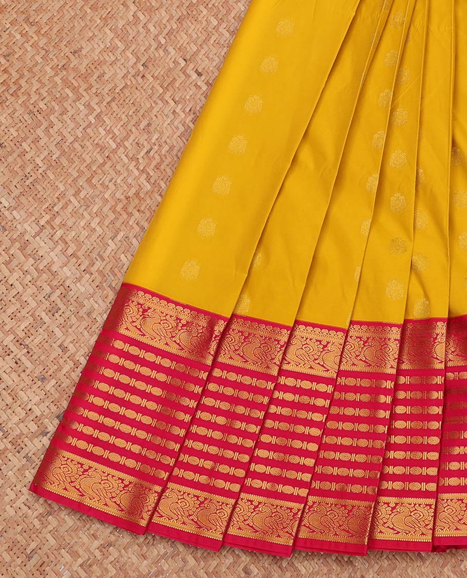 Yellow Budget Silk Saree, Sparsely Woven with Zari Buttas, Complemented by a Contrast Traditional Zari Border, Grand Pallu, and a Contrast Blouse