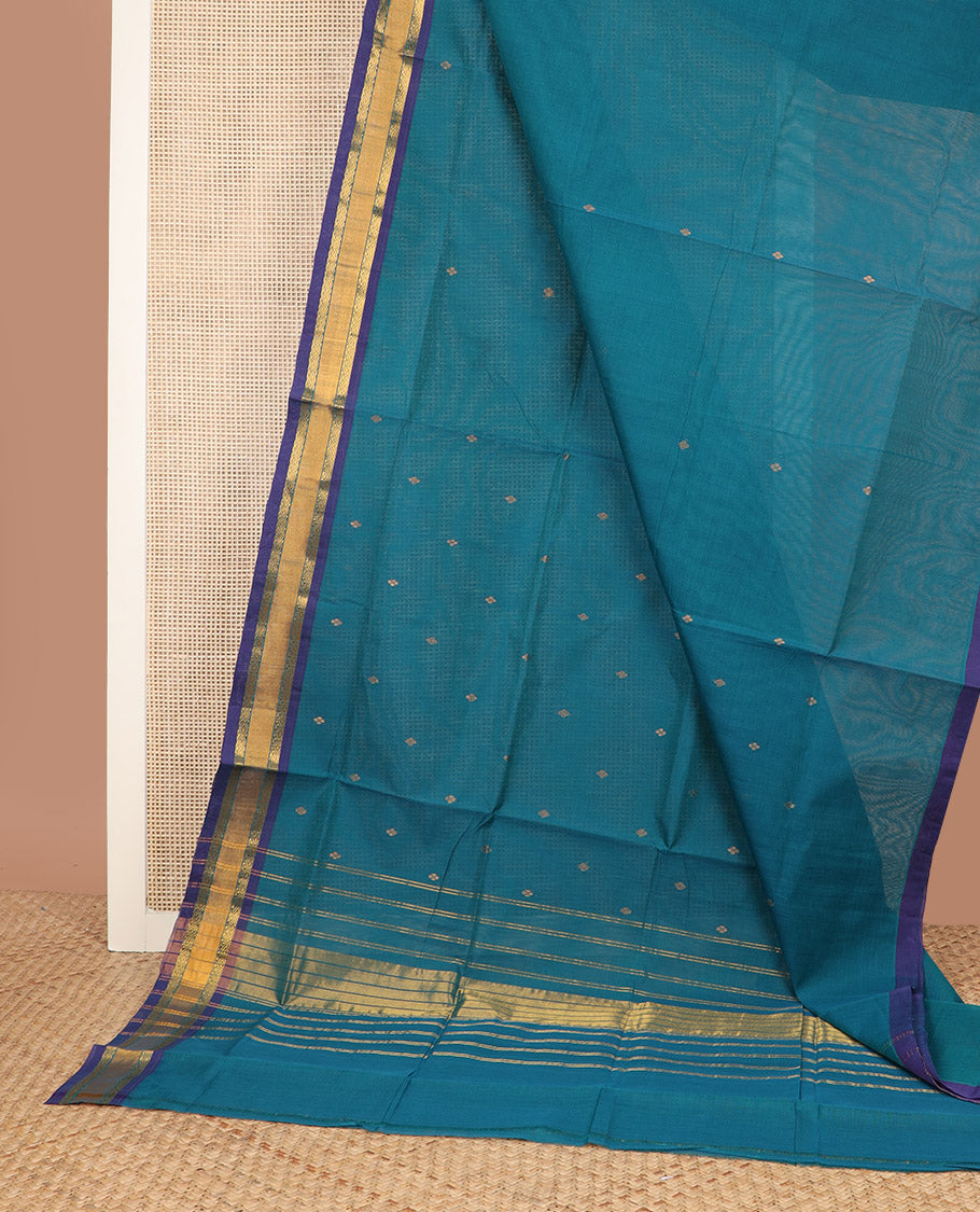 Ramar blue zari buttas Venkatagiri cotton saree, contrast traditional zari border, and striped pallu
