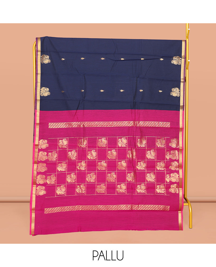 Navy Blue Semi-Silk Cotton Saree, Adorned with Buttas and Peacock Buttas All Over Its Body, Complemented by a Contrast Piping Border, Pallu of Peacock Butta Enclosed in a Checked Design, and Paired with a Contrast Blouse