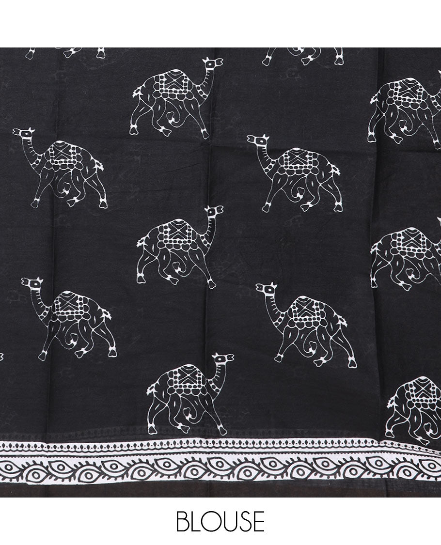 White horse motifs printed mul mul cotton saree, contrast floral creeper printed black border & animal & geometric printed pallu